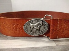 Vtg 1985 Siskiyou horse figure metal belt buckle G-4000 A Tooled Leather Belt