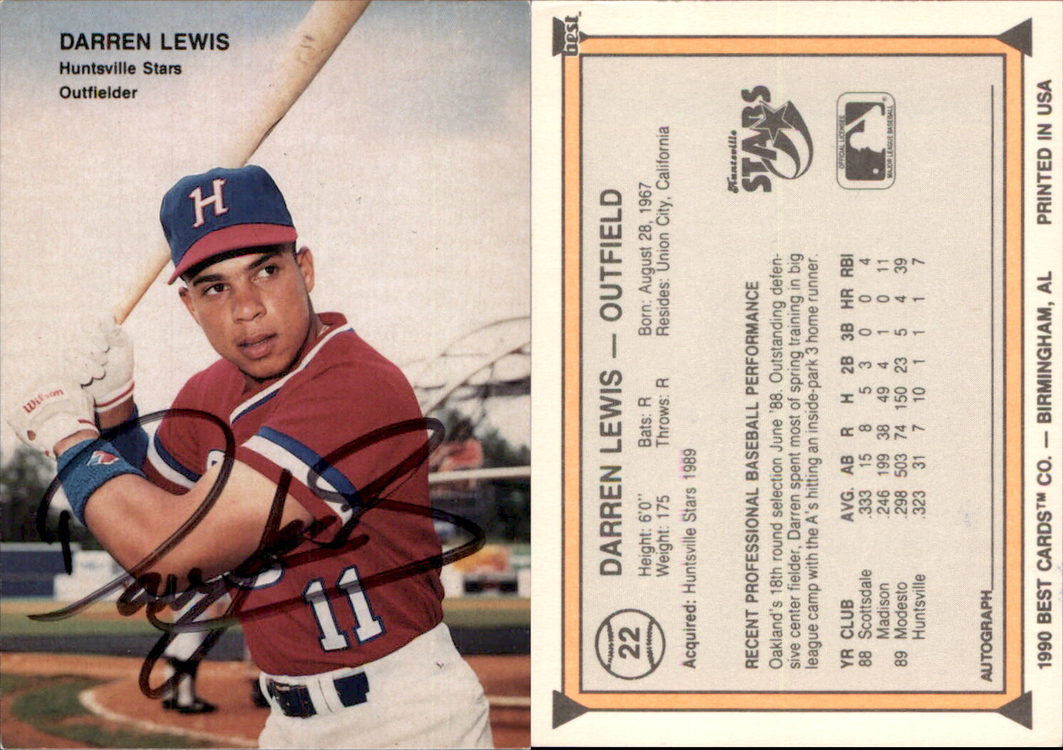 Darren Lewis Signed 1990 Best 22 Card Huntsville Stars Auto AU The