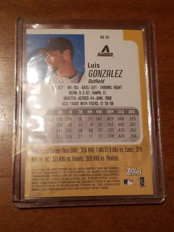 2002 BOWMANS BEST BASEBALL CARD LUIS GONZALEZ #85 - Image 2 of 2
