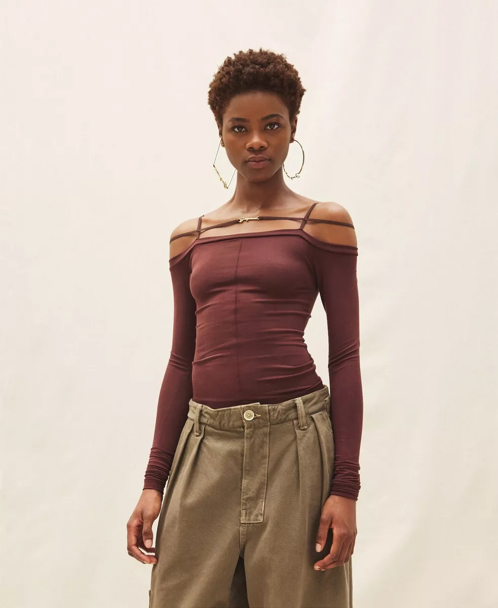 JACQUEMUS Le Tshirt Sierra in Brown Off Shoulder Long Sleeve Top - Sz Small