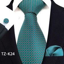 New Checks Plaids Green Red Jacquard Silk Men's Tie Necktie Hanky Cufflink Set