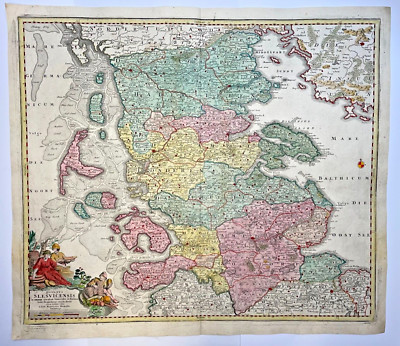 GERMANY SCHLESWIG-HOLSTEIN 1710 JB HOMANN LARGE ANTIQUE MAP 18TH CENTURY