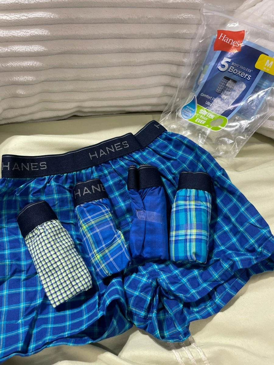 Hanes Boys Plaid Tagless Boxers 5-Pack, Green & Blue - Medium