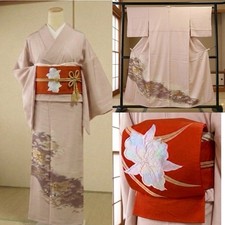 Authentic Silk Kimono Obi 4pc Set Irotomesode Gold Formal Wedding Wearable Art
