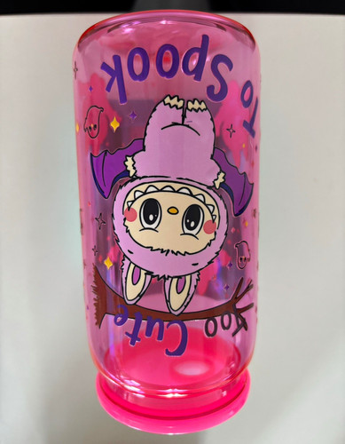 Kids Pink Plastic Water Bottle with Twist Lid "Too Cute To Spook" Monster
