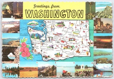 Vintage Greetings from Washington State Map & Landmarks Postcard 1966