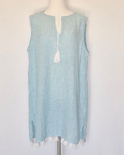 NEW Tahari Linen Blend Tasseled Beach Cover-Up Dress Sleeveless Blue Stripe Sz.L