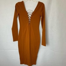 Forever 21 Bodycon Dress Womens Small Orange Good Lace-Up Long Sleeve Midi