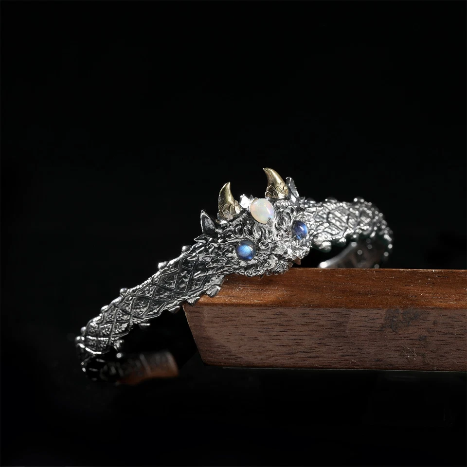 Pulsera S925 Plata Tallada Bestia Mítica Joyería Ópalo Gema Incrustación Regalo Ajustable Foto 2 de 4