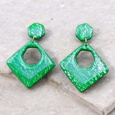Handcrafted Polymer Clay Resin Gold Dangle Stud Earrings Green 