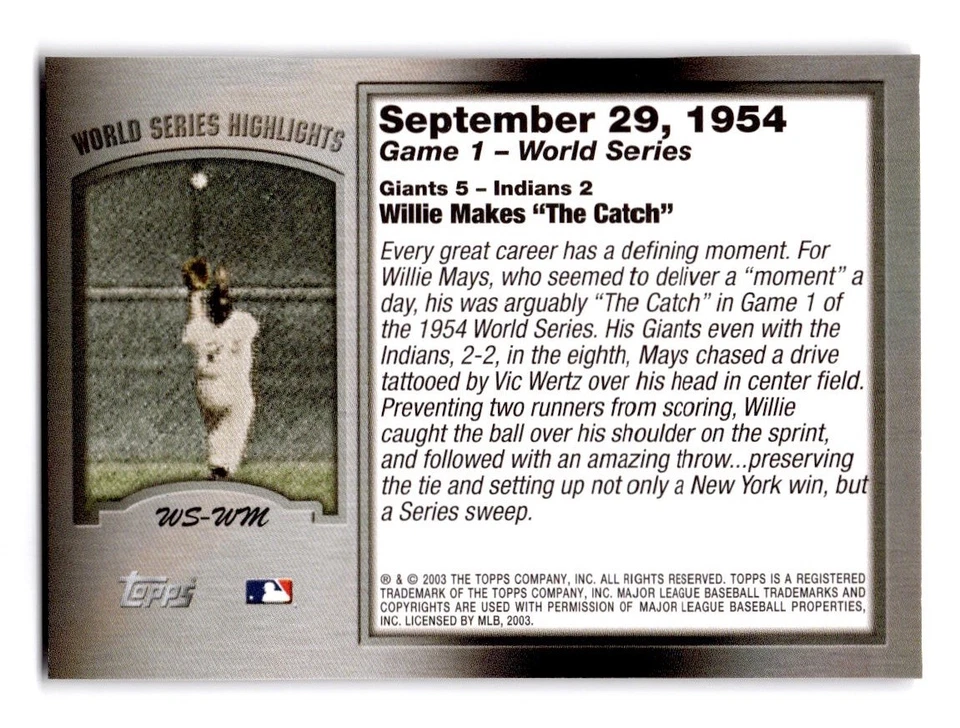 2004 Topps #WS-WM Willie Mays World Series Highlights San Francisco Giants - Image 2 of 2