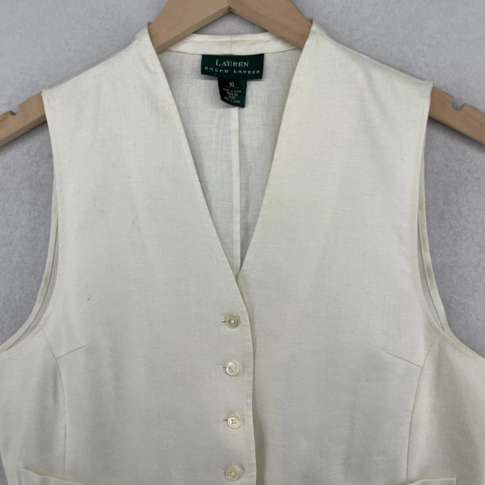 LAUREN RALPH LAUREN Vest Womens 10 Linen Waistcoat Button Front Woven Off White - Image 3 of 4