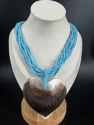Boho Blue Seed Bead Necklace 17'' Large Mother of Pearl Heart Pendant