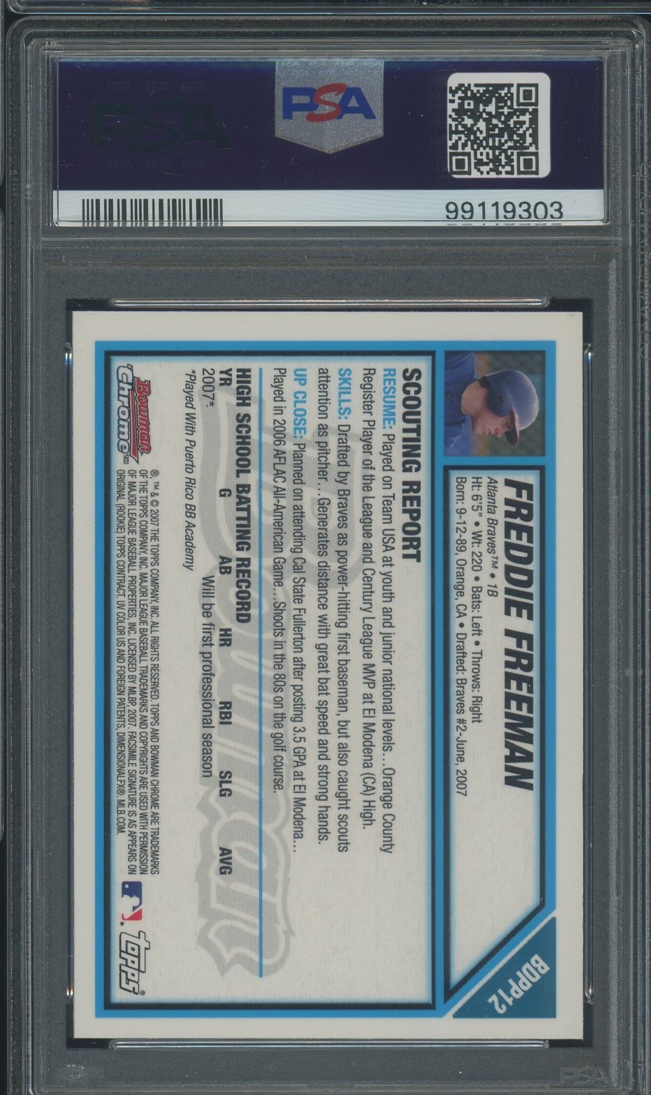 2007 Bowman Chrome DP & Prospects Freddie Freeman Braves RC Rookie PSA 9 MINT view 2