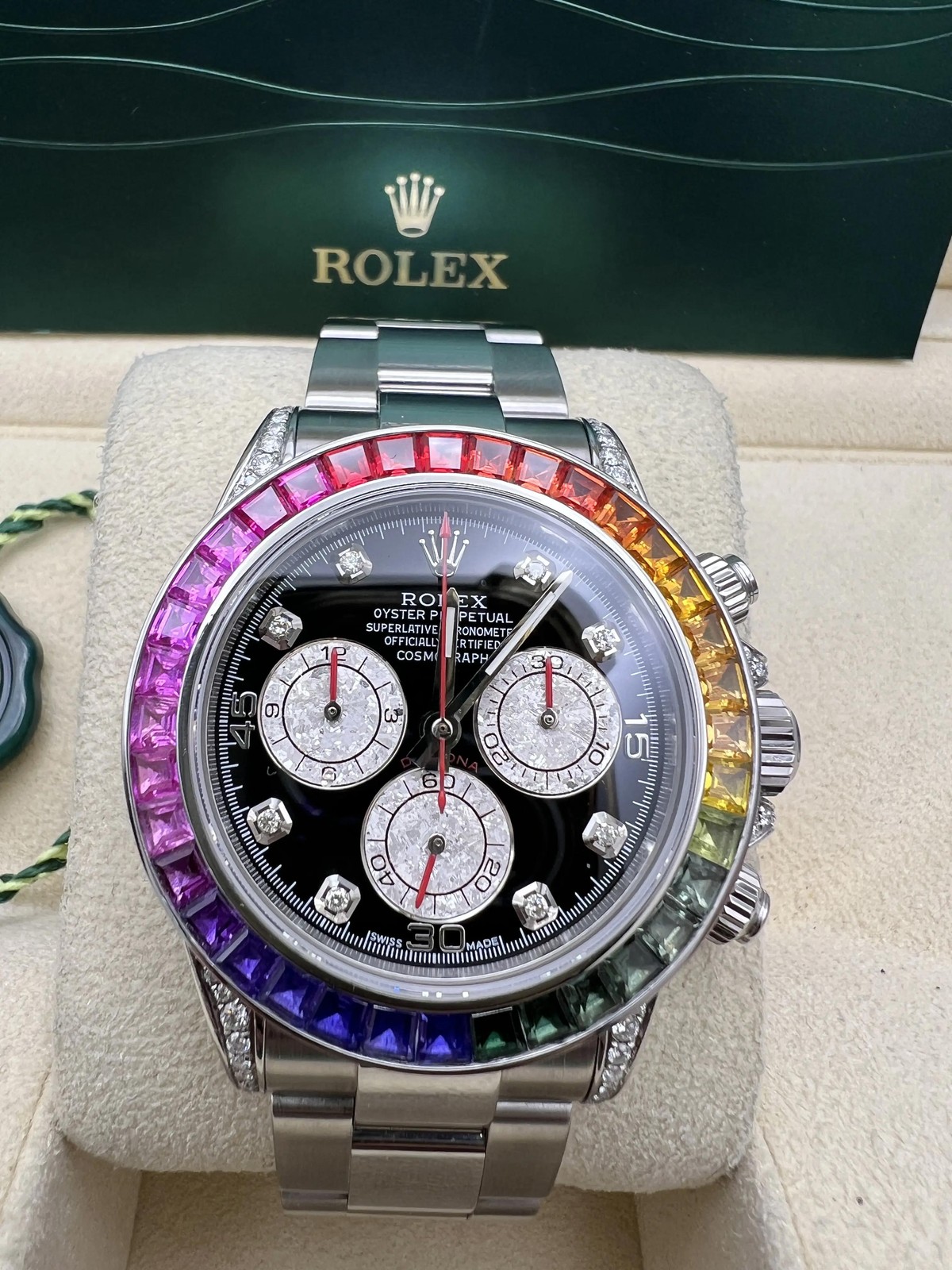 Rolex Daytona 116520 40mm Custom Rainbow Sapphire Bezel Diamond