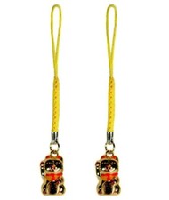 2X LUCKY GOLD CAT BELL CHARM Beckoning Kitty Maneki Neko Brass Phone Strap NEW