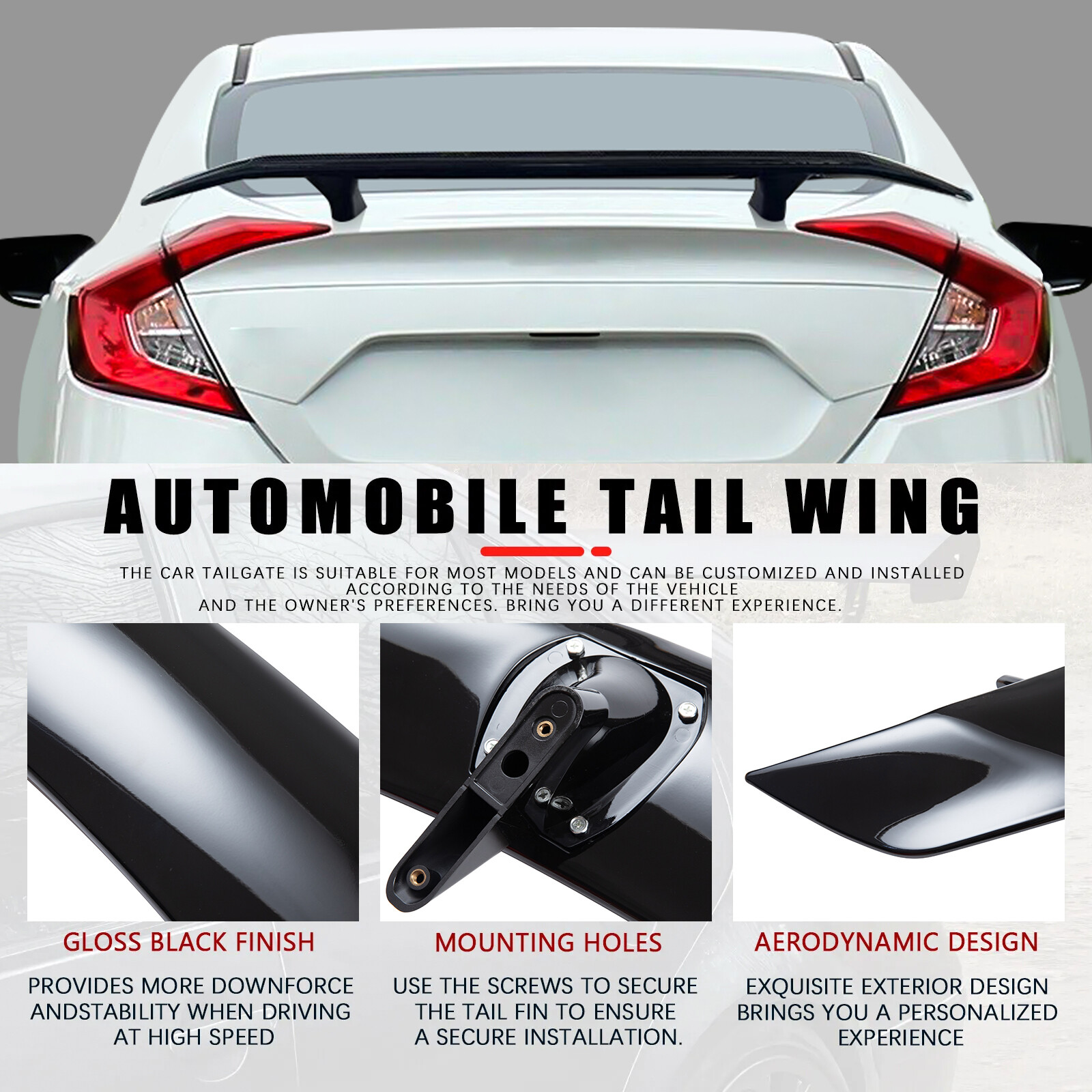 46" GT Style Gloss Black Racing Rear Trunk Spoiler Wing For Honda Civic 10TH Gen