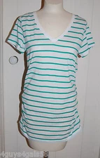 Womens Long Cinched Side V Neck Tee Shirt BRIGHT GREEN WHITE STRIPE L 12-14