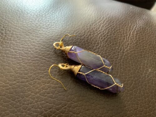 Chico’s Gold Amethyst Earrings CZ Wire Crystal Wrap Natural Healing Dangle Boho - Picture 3 of 4