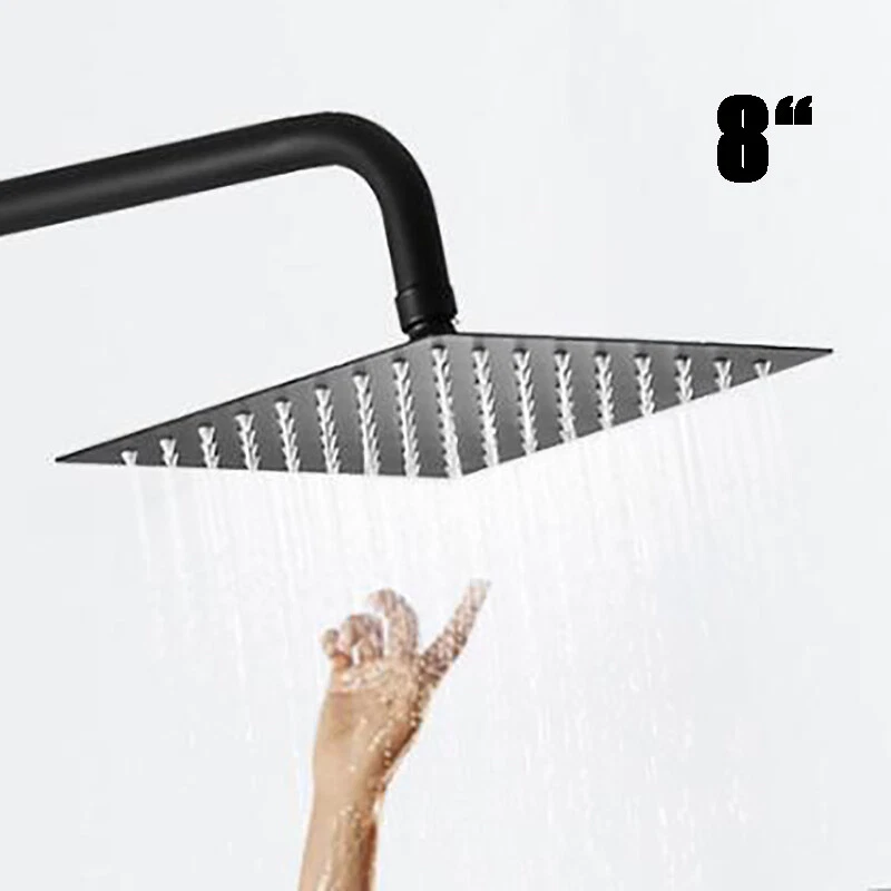 8 inch Matte Black Square Rainfall Ceiling Mount Shower Head Slim Mixer Faucet