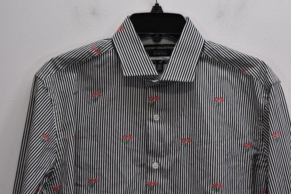 Report Collection Mens Long Sleeve Stretch Slim Fit Stripe Button Up Shirt M - Image 3 of 4