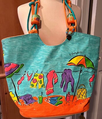 SALLY HUSS Beach Tote Canvas Bag WITH CHARMS Laundry Line Clothing