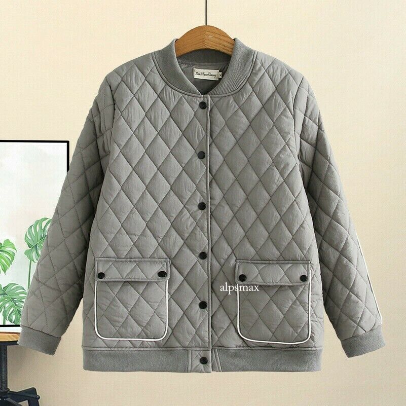 Women Puffer Coat Quilted Jacket Button Pockets Padded Cotton Warm Khaki Ladies