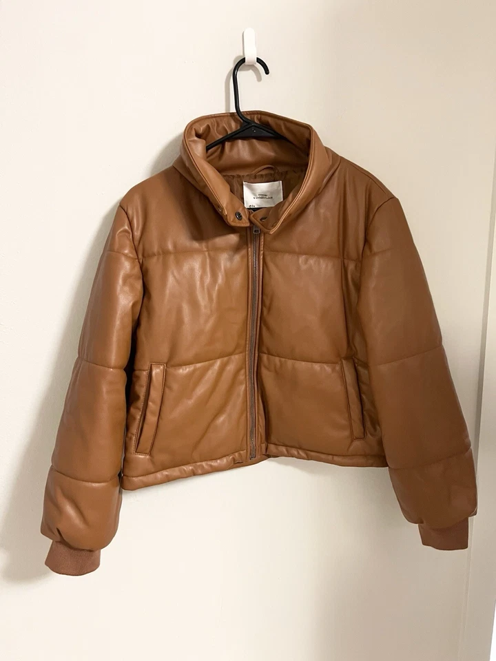 by Anthropologie Mujer Talla M Puffer Vegano Imitación Cuero Chaqueta Cremallera Completa Marrón