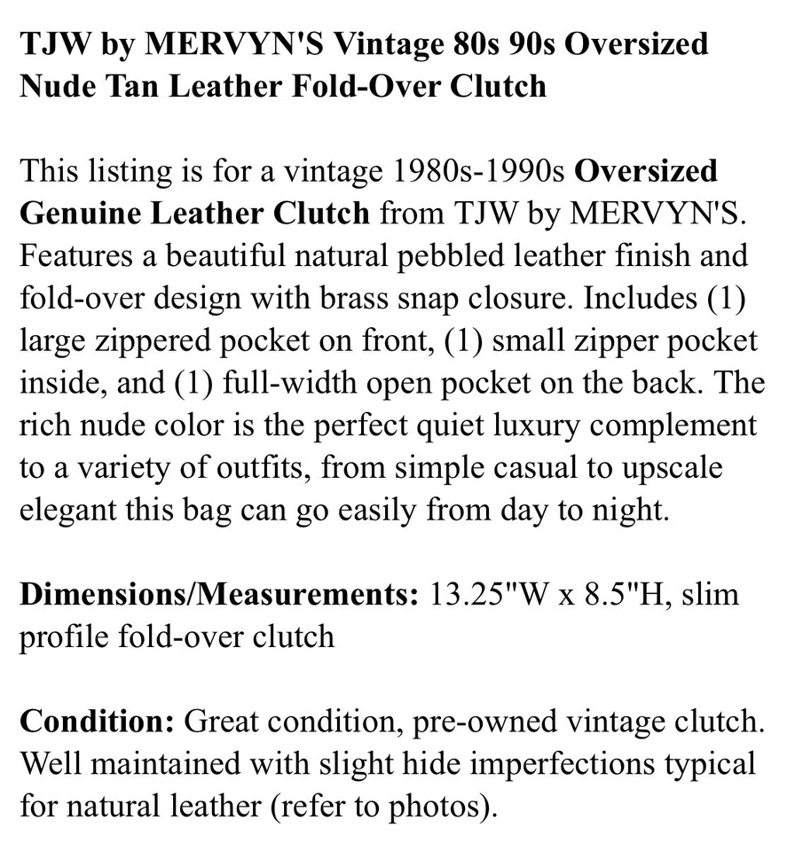 TJW by MERVYN'S Vintage 80s 90s Oversized Nude Tan Leather Fold-Over Clutch Bag - Image 3 of 4