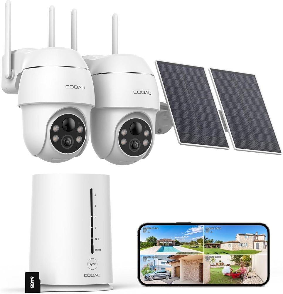 COOAU 2 Camera Solar Security System Wireless Outdoor 4MP, 360&deg; PTZ Night Vision