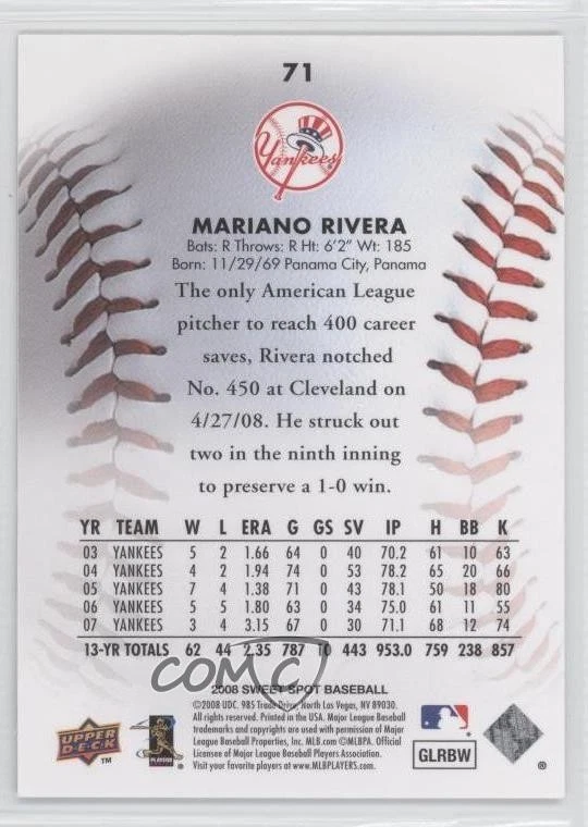 2008 Sweet Spot Mariano Rivera #71 HOF - Image 2 of 2
