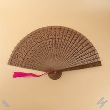 Wooden Hand Fan Pink Tassle  Box Vintage