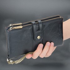 Men's PU Leather Long Bifold Anti-Theft Chain Brown Wallet Gift RFID Blocking