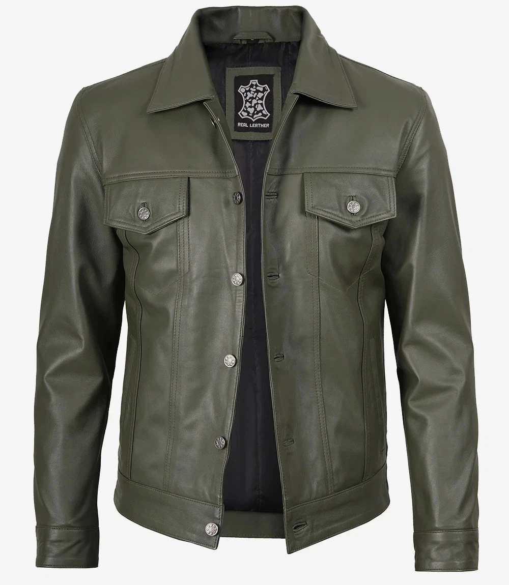 Men's Customized Biker Bomber Olive Green Real Lambskin Leather Trucker Jacket