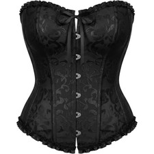 Black Floral Brocade Lace Up Corset Top Ruffle Trim Busk Closure Bustier goth