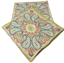 Pottery Barn Euro Pillow Sham Cover Square Floral Paisley Blue Green Cotton TWO