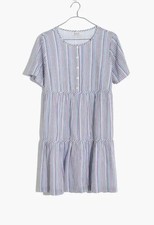  Madewell Women’s  XXS Striped Crewneck Button-Front Tiered Mini Dress Party NWT