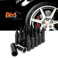 M12X1.5 Black JDM Cone Wheel Lug Nuts+Spline Lock+Spiked Cap+Key 25mmx75mm 20Pc
