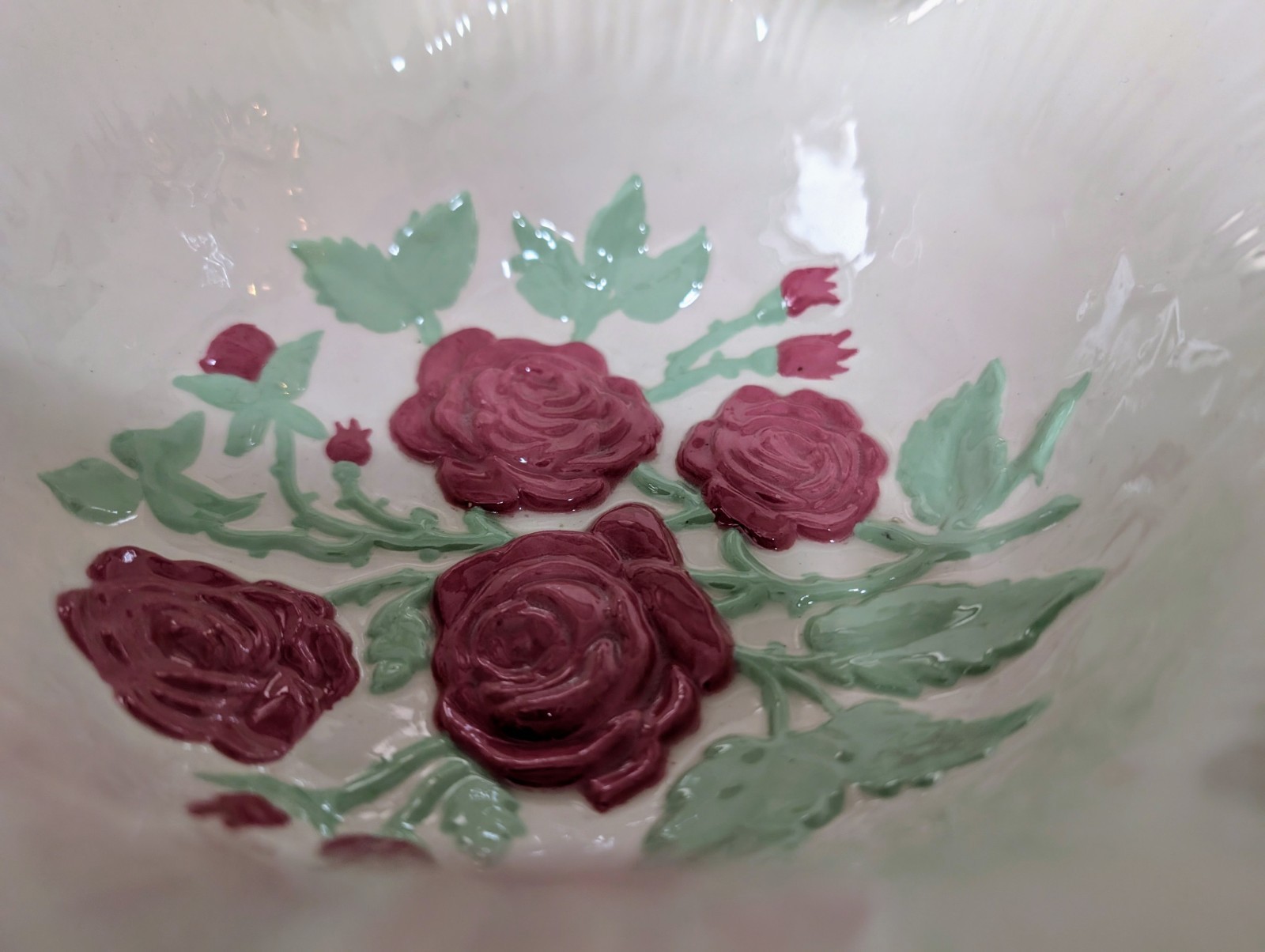 Vg Hand Made & Painted Ceramic Footed Candy Dish Roses White Pink Green 10"