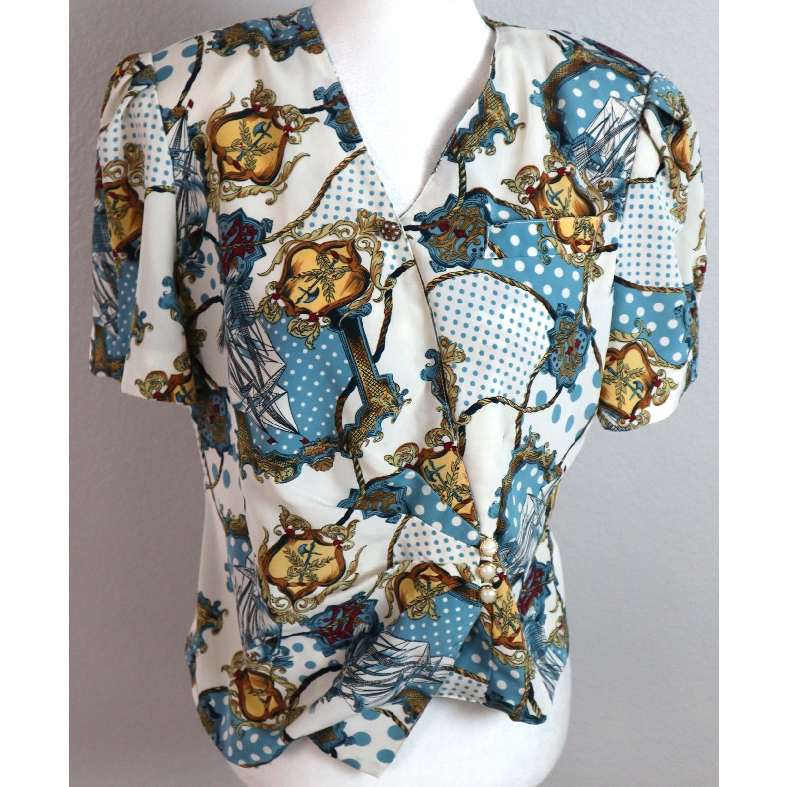 Vintage 80s SILK Skirt Suit Nautical Polka Dot Pearl Buttons small