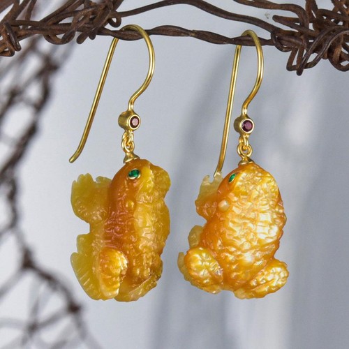 Toad Frog Earring Carved Mother-of-Pearl Gem Gold Vermeil Sterling Silver 10.27g - Picture 9 of 14