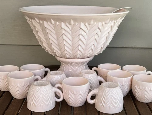 Vintage “Shell Pink” Punch Bowl Set By The Jeanette Glass Company, PA- Rare