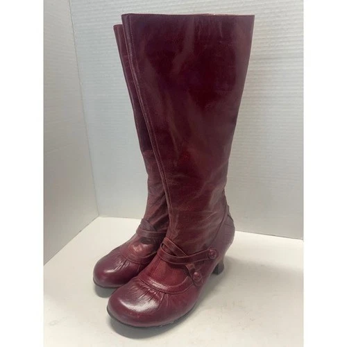 Miz Mooz Burgundy Leather Knee High Boots  Button Detail Heel Red 6.5
