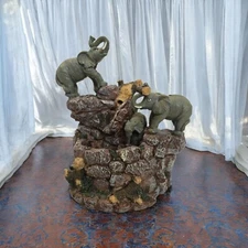 Resin Musical Water Fountain Tabletop African Elephants 8"H x 6.5"W x 5"L
