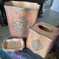 Popular Bath Bathroom Set Faux Wood Gold Ornate Trash can Tissue Cover Soap Dish