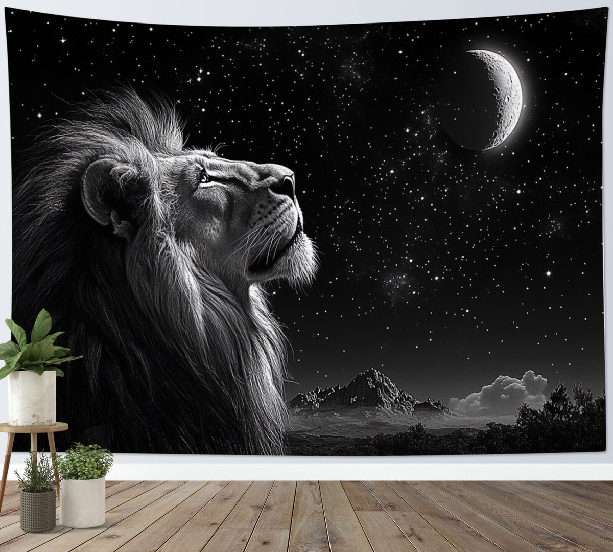 Galaxy Starry Sky Wild Animal Grey Lion Tapestry for Bedroom