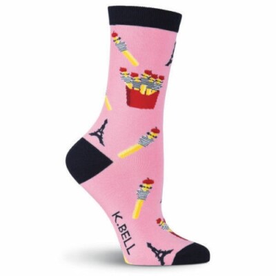 French Fries Womens Crew Socks Size 9-11 Pink K Bell Favorite Spuds Fashion New*