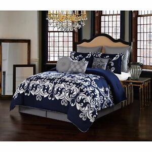 Navy Blue Silver Gray Grey Damask 10pc, Navy Blue And Gray Bed Set
