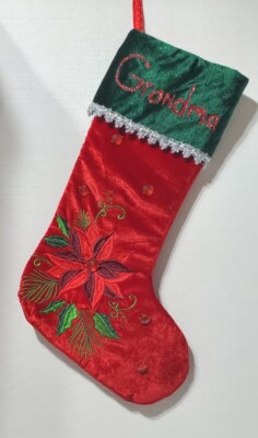 Valery Madelyn Grandma Christmas Stocking  Poinsettia  Red Beads Silver Trim