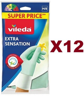 12PCS VILEDA EXTRA SENSATION NATURAL LATEX GLOVES MEDIUM M/8 MEDIUM